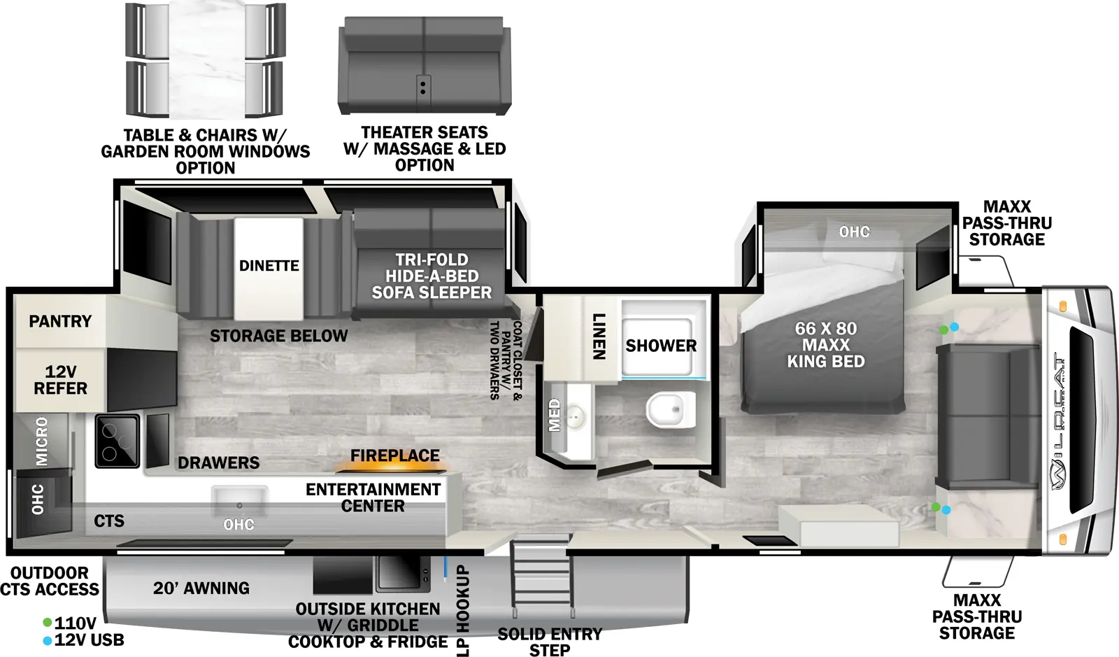 The Wildcat Travel Trailers 310RKX - MAXX floorplan has one entry and two slide outs. Exterior features include: fiberglass exterior, 20' awning and outside kitchen. Interiors features include: rear kitchen, free-standing dinette option and front bedroom.